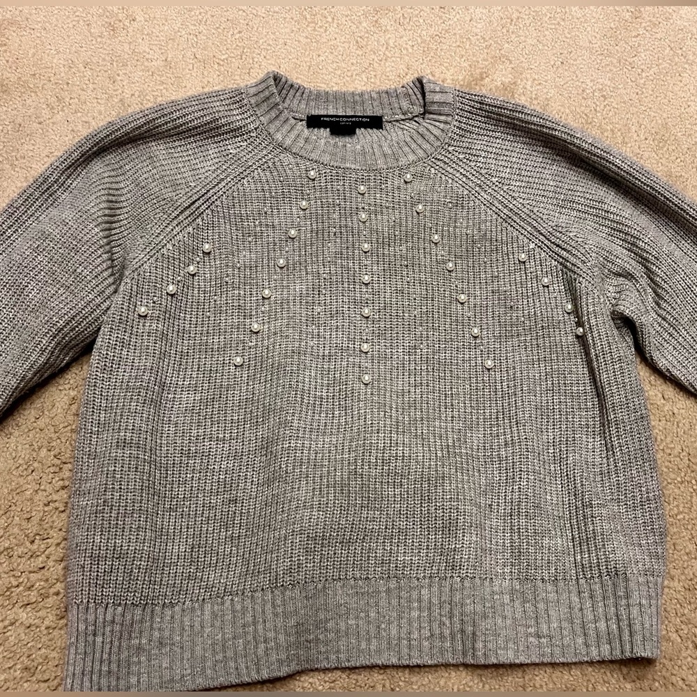 French Connection Light Gray Beaded Crewneck Sweater